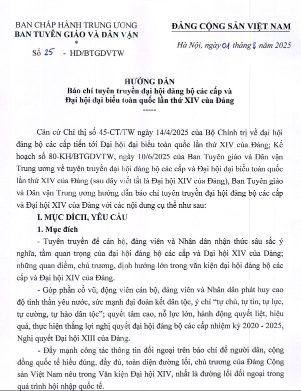 Hướng dẫn số 25-HD/BTGDVTW ngày 01/8/2025 Hướng dẫn báo chí tuyên truyền đại hội đảng bộ các cấp và Đại hội đại biểu toàn quốc lần thứ XIV của Đảng